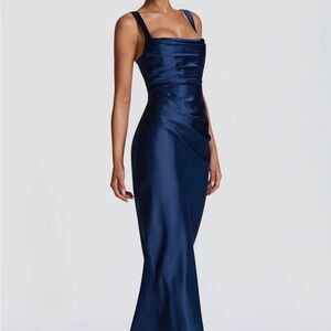 Satin Navy Square-Neck Maxi Evening Dress